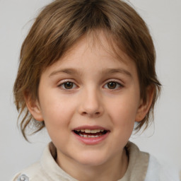 Joyful white child female with medium  brown hair and brown eyes