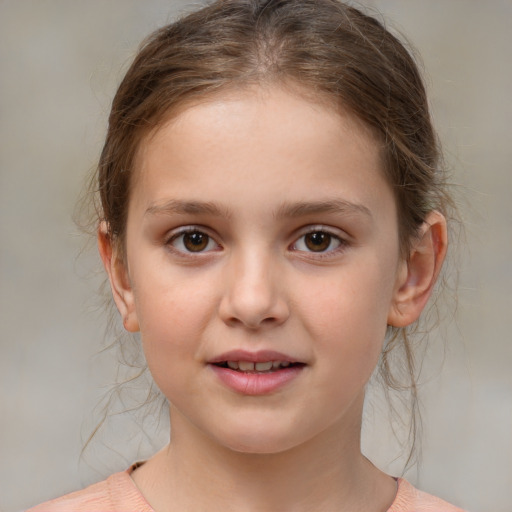 Joyful white child female with medium  brown hair and brown eyes