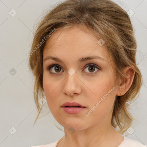 Neutral white young-adult female with medium  brown hair and brown eyes