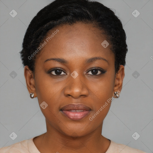 Joyful black young-adult female with short  black hair and brown eyes