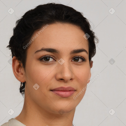 Joyful latino young-adult female with short  brown hair and brown eyes