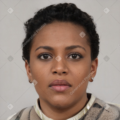 Neutral black young-adult female with short  brown hair and brown eyes