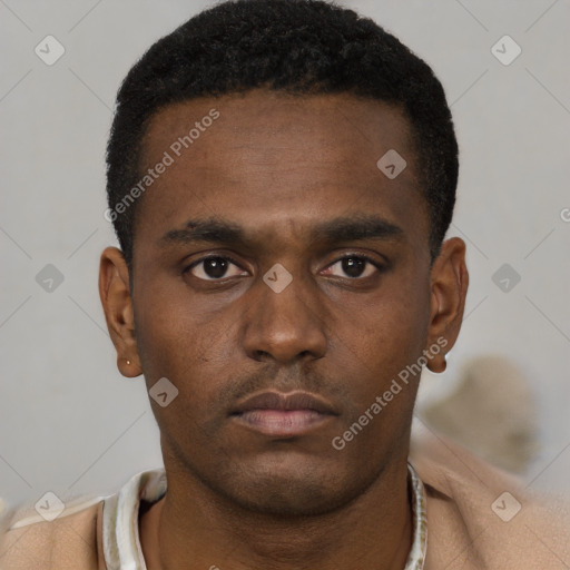 Neutral black young-adult male with short  black hair and brown eyes