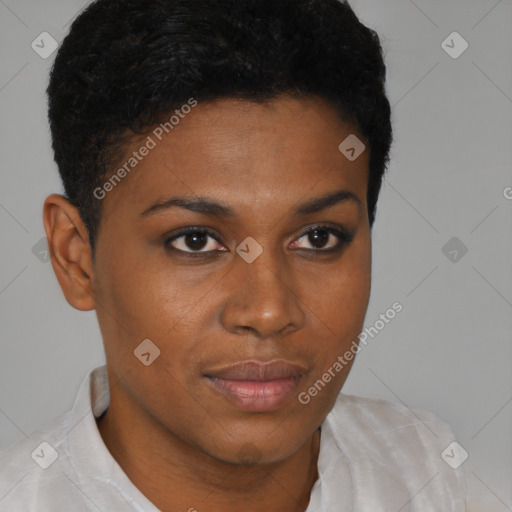 Neutral black young-adult female with short  brown hair and brown eyes