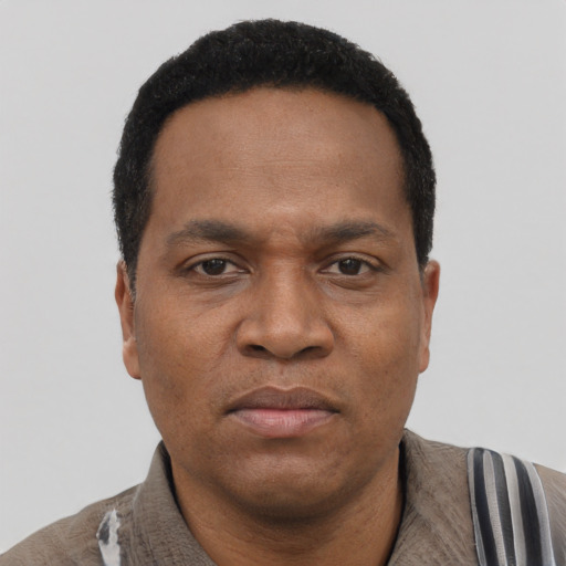 Joyful black adult male with short  black hair and brown eyes