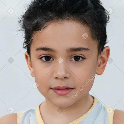 Joyful white child male with short  brown hair and brown eyes