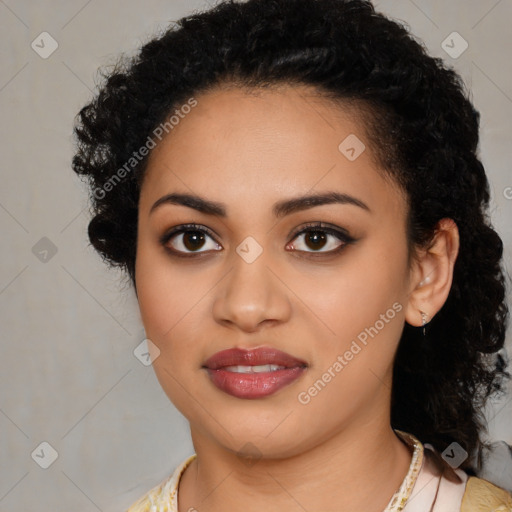 Joyful latino young-adult female with long  black hair and brown eyes