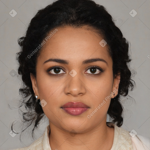 Joyful black young-adult female with medium  black hair and brown eyes