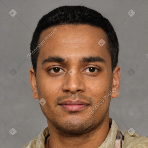 Neutral latino young-adult male with short  black hair and brown eyes