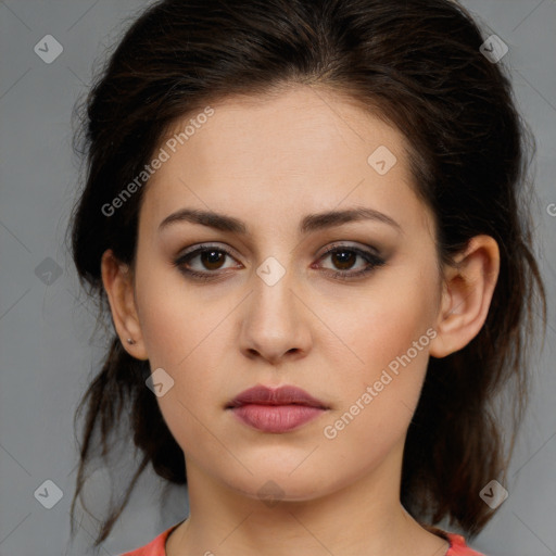 Neutral white young-adult female with medium  brown hair and brown eyes