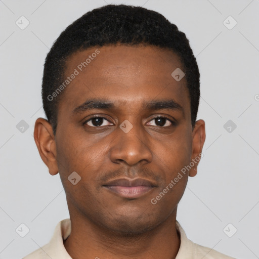 Neutral black young-adult male with short  black hair and brown eyes