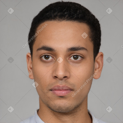 Neutral latino young-adult male with short  black hair and brown eyes