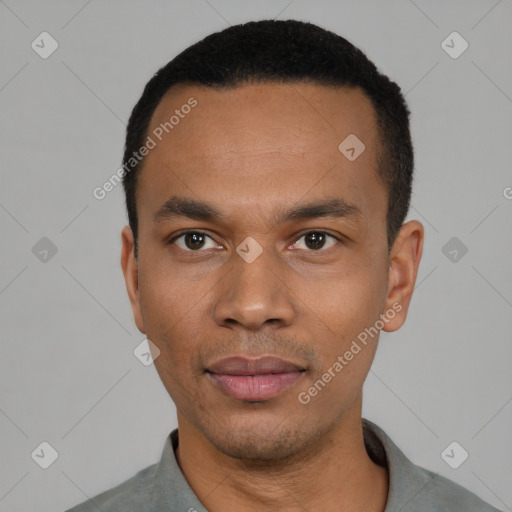 Neutral black young-adult male with short  black hair and brown eyes