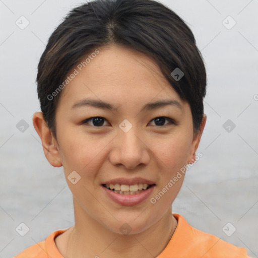 Joyful asian young-adult female with short  brown hair and brown eyes