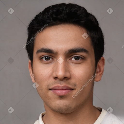 Neutral white young-adult male with short  black hair and brown eyes