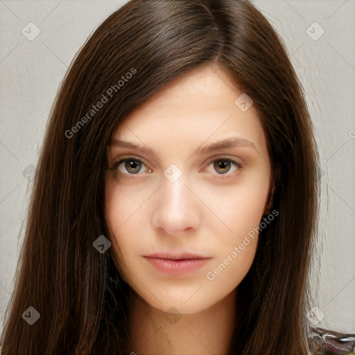 Neutral white young-adult female with long  brown hair and brown eyes