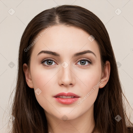 Neutral white young-adult female with long  brown hair and brown eyes