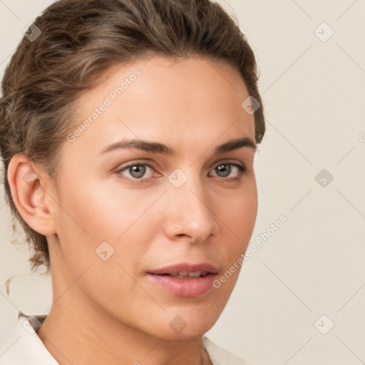 Neutral white young-adult female with short  brown hair and brown eyes