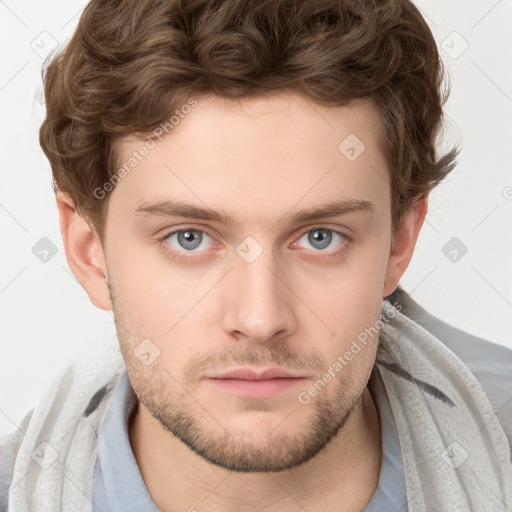 Neutral white young-adult male with short  brown hair and grey eyes