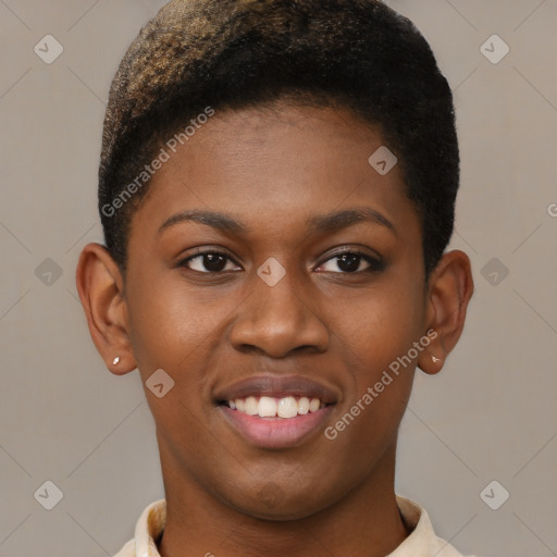 Joyful black young-adult female with short  brown hair and brown eyes