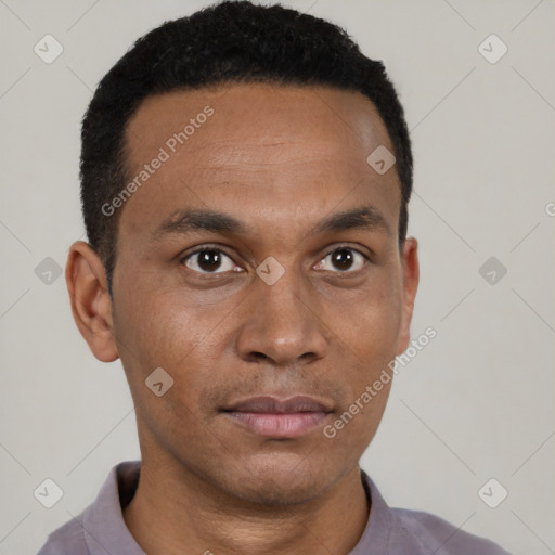 Neutral black young-adult male with short  black hair and brown eyes