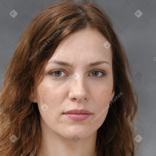 Neutral white young-adult female with long  brown hair and brown eyes