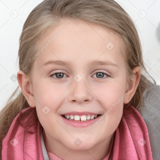 Joyful white child female with medium  brown hair and blue eyes