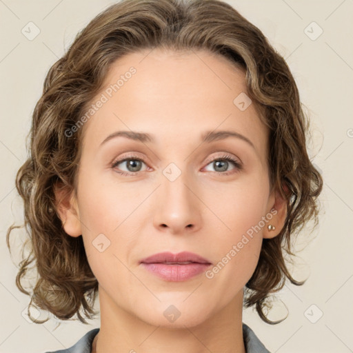 Joyful white young-adult female with medium  brown hair and green eyes