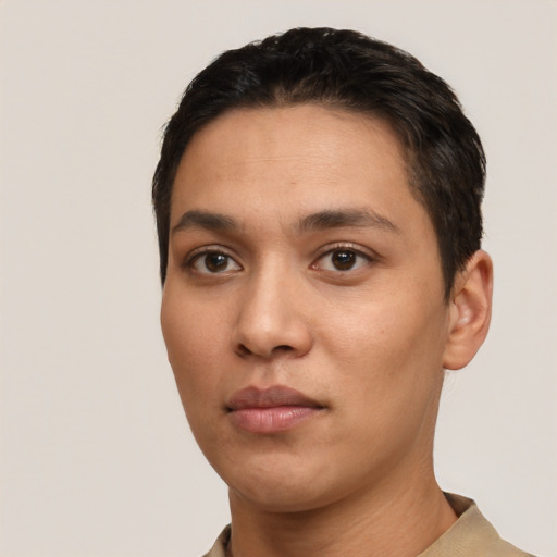 Neutral white young-adult female with short  black hair and brown eyes