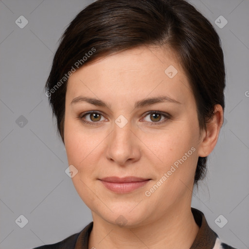 Joyful white young-adult female with medium  brown hair and brown eyes