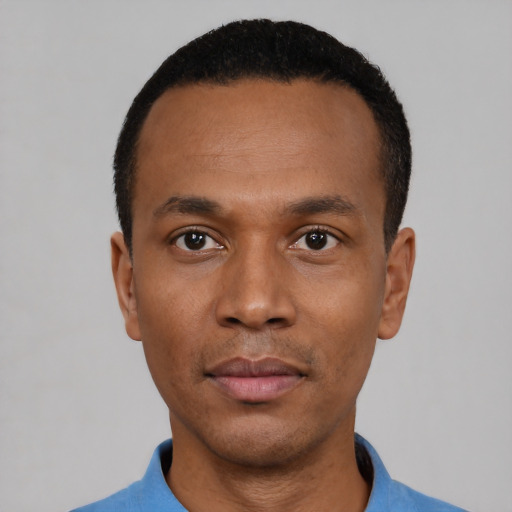 Neutral black young-adult male with short  black hair and brown eyes
