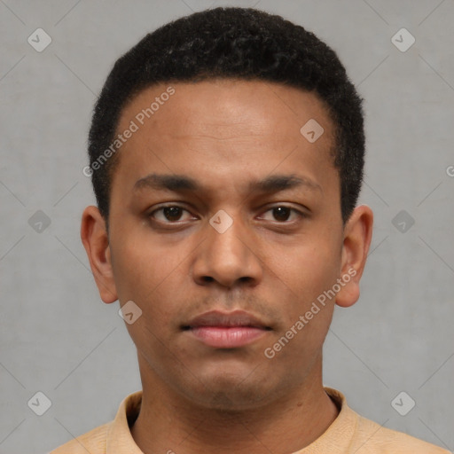Neutral latino young-adult male with short  brown hair and brown eyes