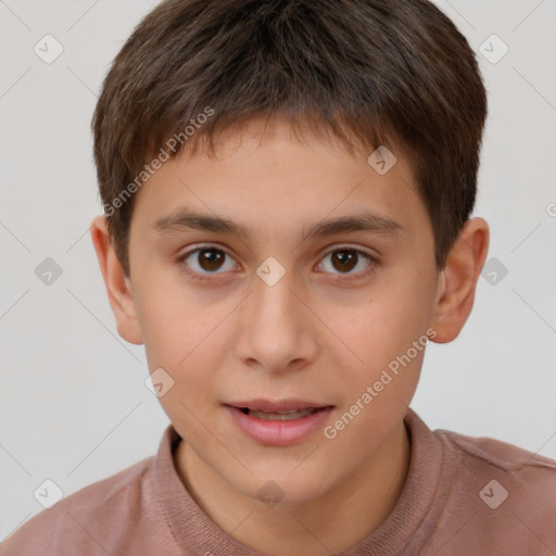 Joyful white child male with short  brown hair and brown eyes