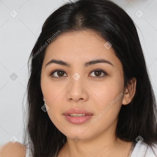 Neutral asian young-adult female with long  brown hair and brown eyes