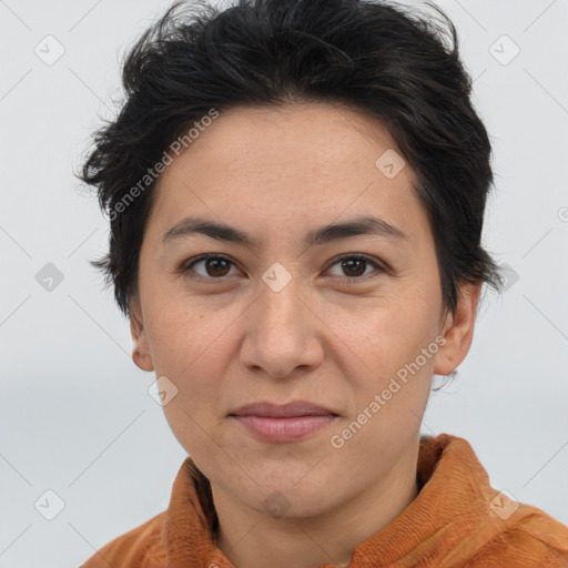 Joyful white adult female with short  brown hair and brown eyes