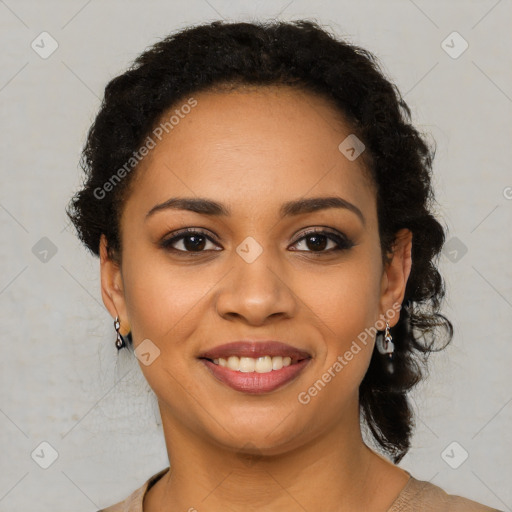 Joyful latino young-adult female with short  brown hair and brown eyes