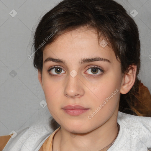 Neutral white young-adult female with medium  brown hair and brown eyes