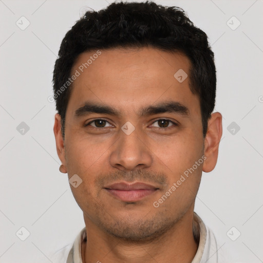 Neutral latino young-adult male with short  black hair and brown eyes