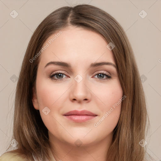 Neutral white young-adult female with long  brown hair and brown eyes