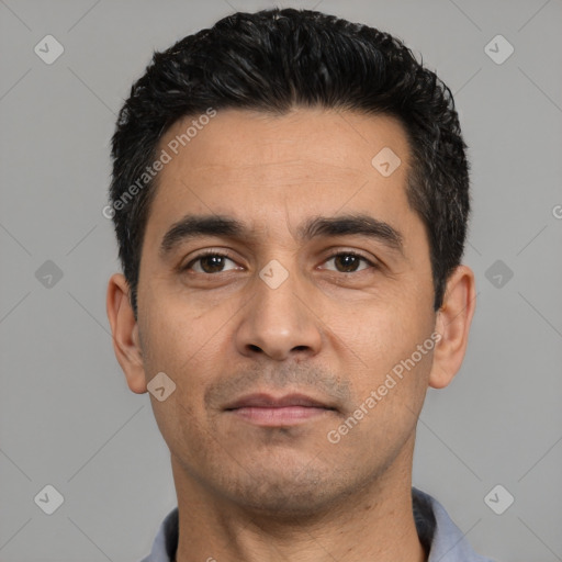 Neutral white young-adult male with short  black hair and brown eyes