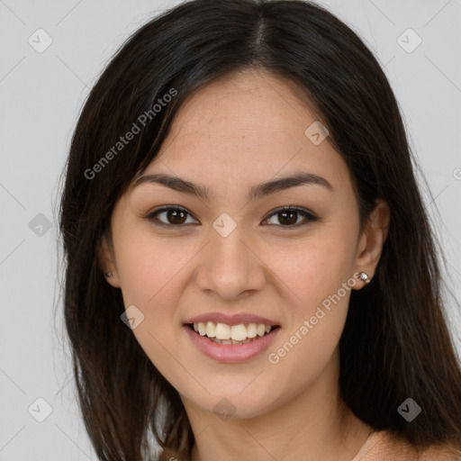 Joyful white young-adult female with long  brown hair and brown eyes