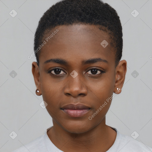 Neutral black young-adult female with short  black hair and brown eyes