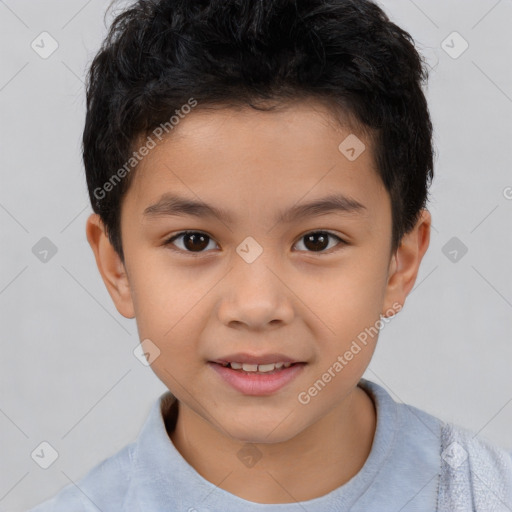 Joyful white child male with short  brown hair and brown eyes