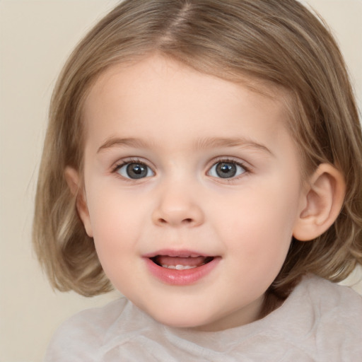 Joyful white child female with medium  brown hair and brown eyes