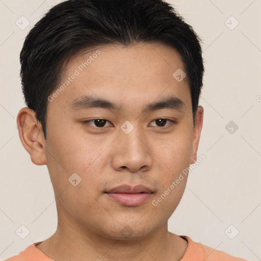 Neutral asian young-adult male with short  brown hair and brown eyes