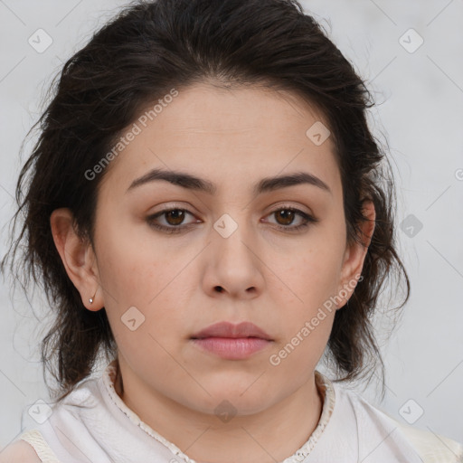 Neutral white young-adult female with medium  brown hair and brown eyes