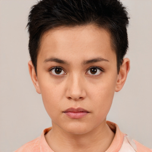 Neutral white young-adult female with short  brown hair and brown eyes