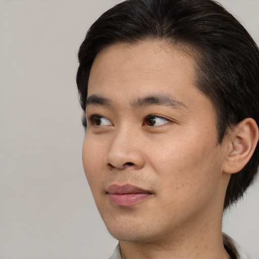 Neutral asian young-adult male with short  black hair and brown eyes