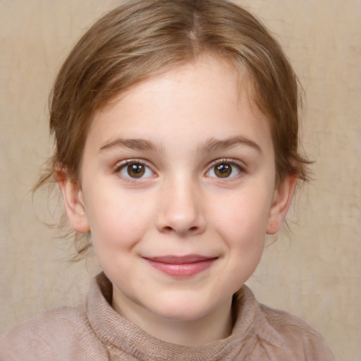 Joyful white child female with medium  brown hair and brown eyes