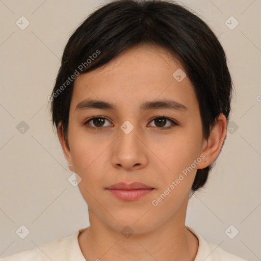 Neutral asian young-adult female with medium  brown hair and brown eyes